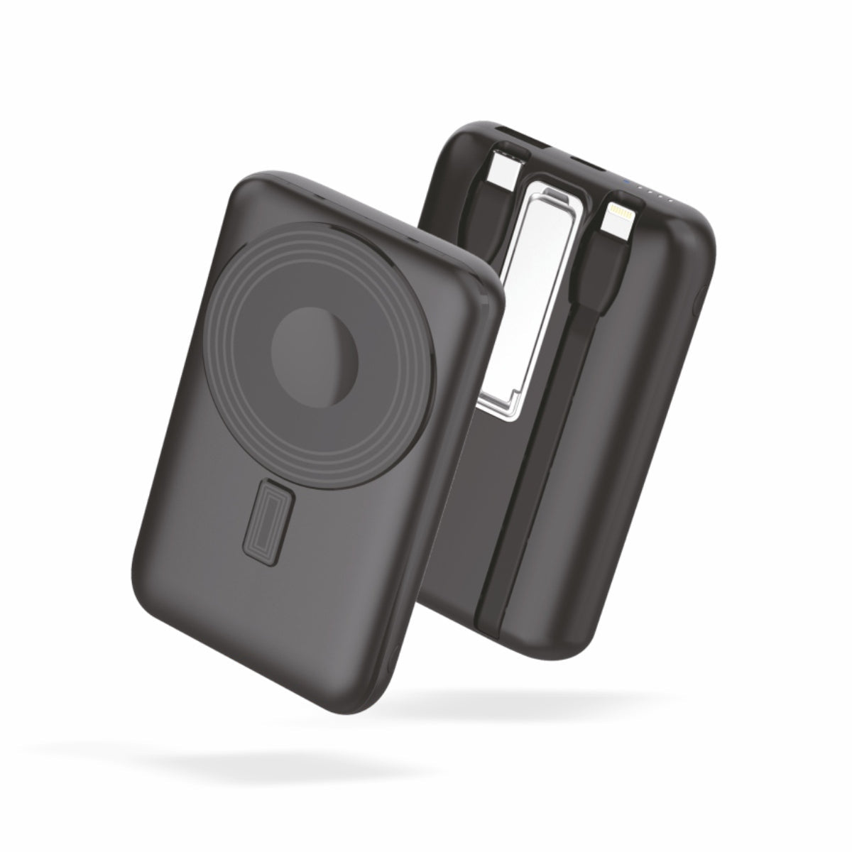 Pocket Link 10000mAh Power Bank with 15W Wireless Charging, Built-in Type-C & Lightning Cable, PD20W Fast Charging, Compact Pocket-Size Portable Charger - Black