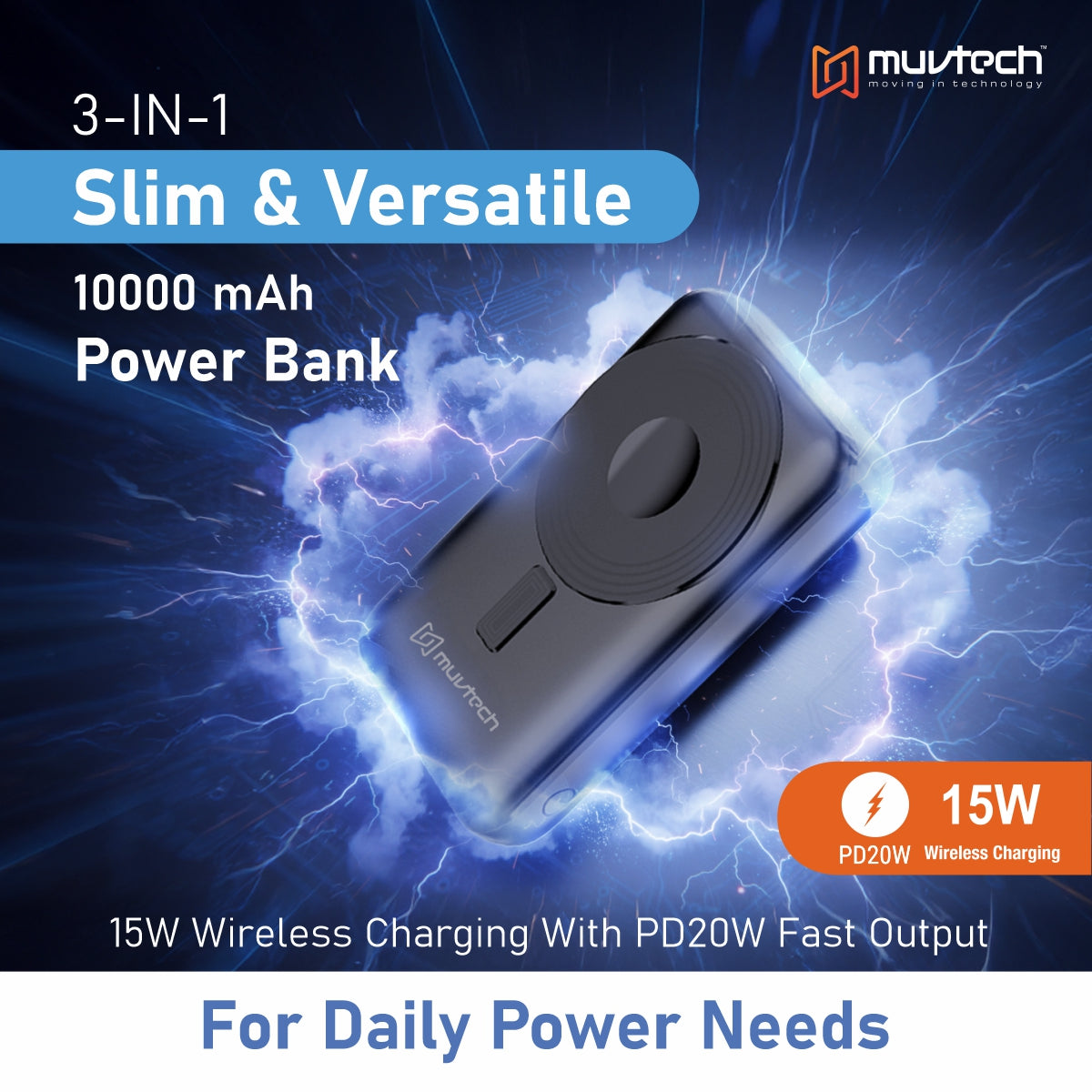 Pocket Link 10000mAh Power Bank with 15W Wireless Charging, Built-in Type-C & Lightning Cable, PD20W Fast Charging, Compact Pocket-Size Portable Charger - Black