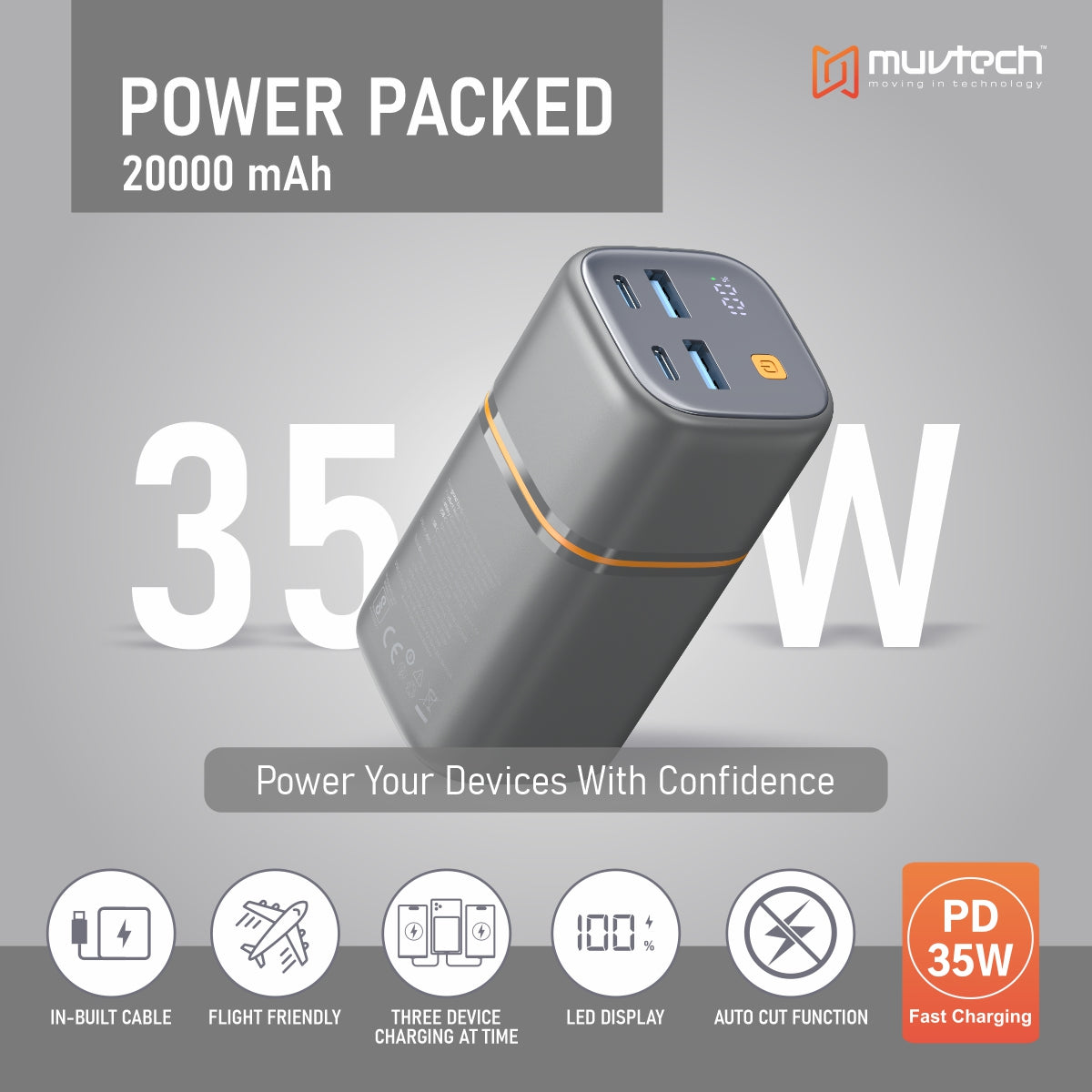 TitanX 20000mAh Power Bank | PD & QC Fast Charging | Dual Type-C + Dual USB-A Outputs (4 Devices at Once) | LED Display | Compact Tower Design | Safe & Reliable for Smartphones, Tablets & More