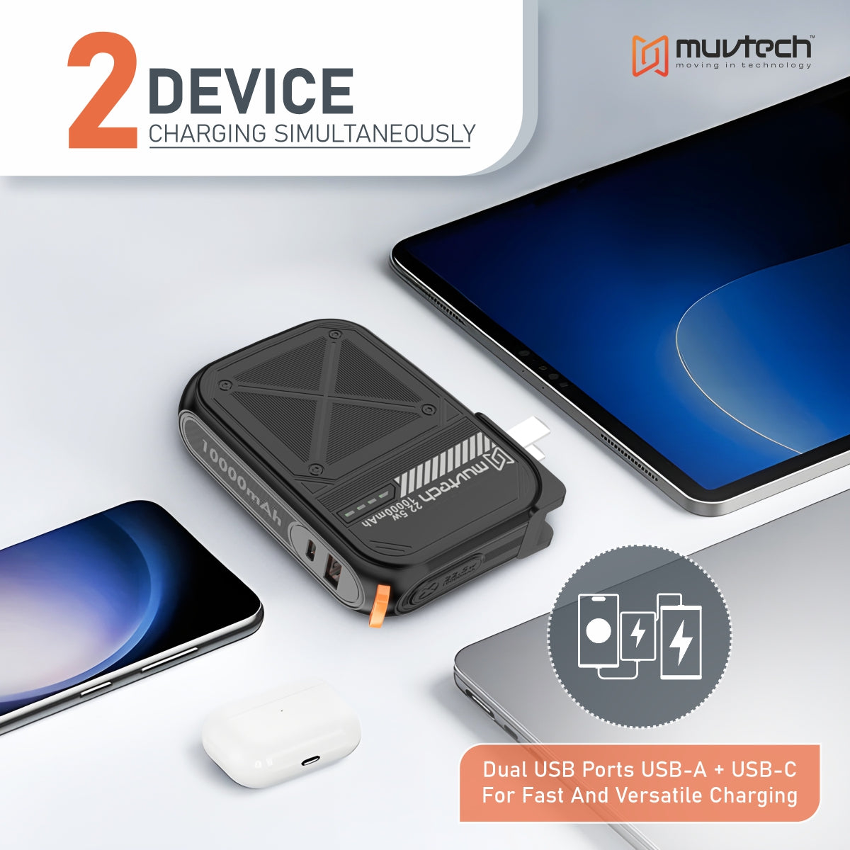 Travel Mate 10000mAh Power Bank with Built-in Wall Plug, 15W Wireless Charging, Dual USB Ports (USB-A + USB-C), Surge Protection, Fast Charging Portable Charger