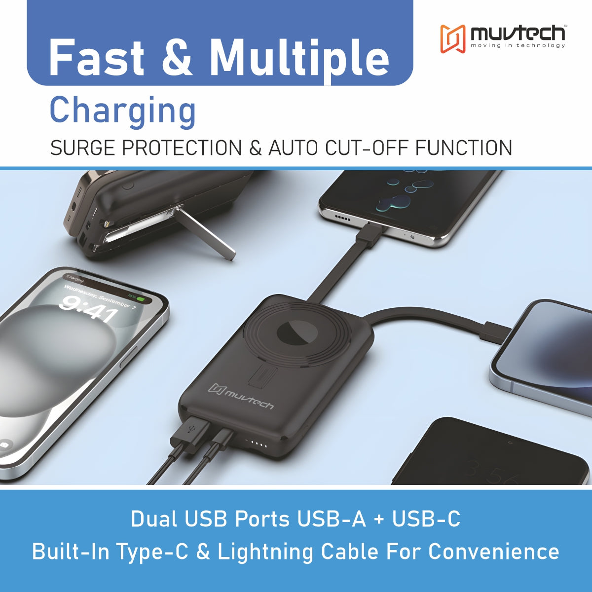 Pocket Link 10000mAh Power Bank with 15W Wireless Charging, Built-in Type-C & Lightning Cable, PD20W Fast Charging, Compact Pocket-Size Portable Charger - Black