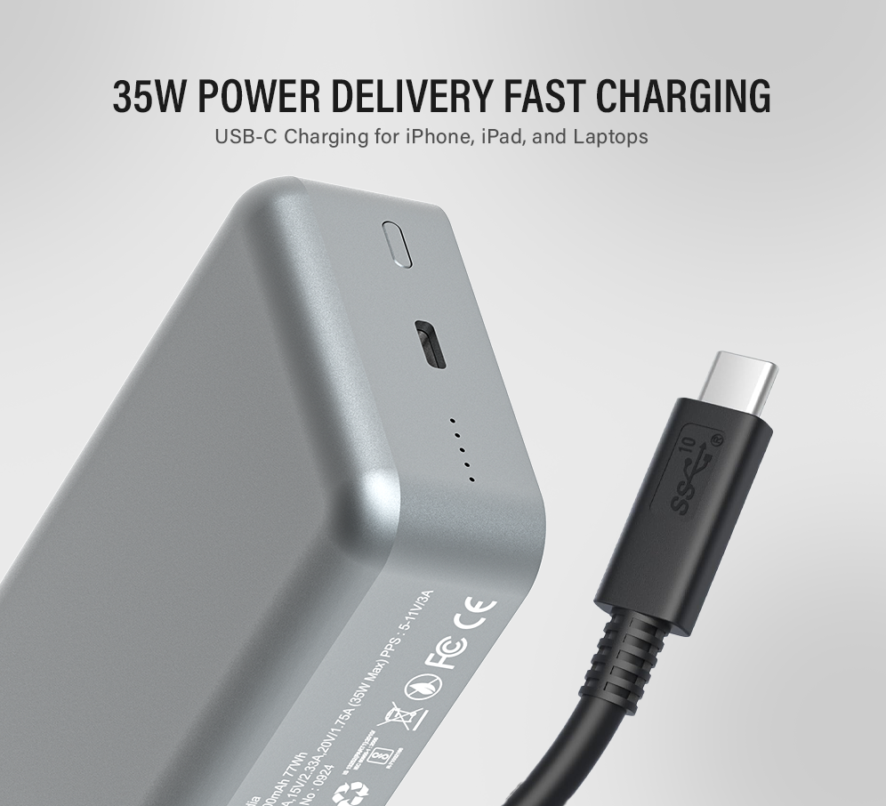 TANK 20000mAh Magnetic Power Bank with 15W Mag-Safe Wireless Charging & 35W Fast USB-C Charging for iPhone, iPad, and Laptops