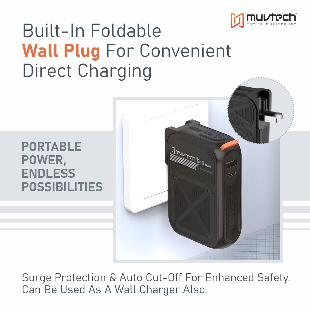 Travel Mate 10000mAh Power Bank with Built-in Wall Plug, 15W Wireless Charging, Dual USB Ports (USB-A + USB-C), Surge Protection, Fast Charging Portable Charger