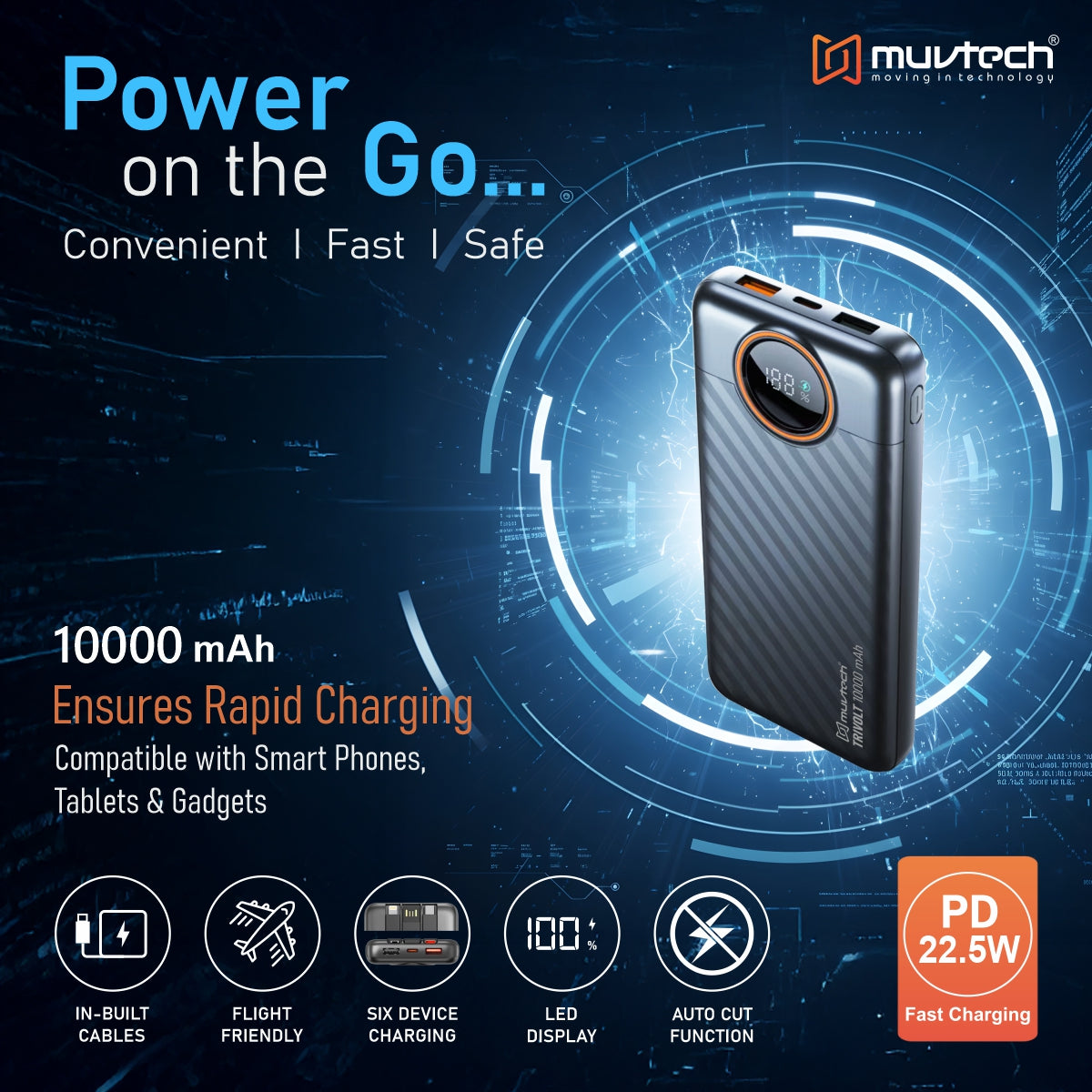 Muvtech TriVolt 10000mAh Power Bank With built-in Cables.