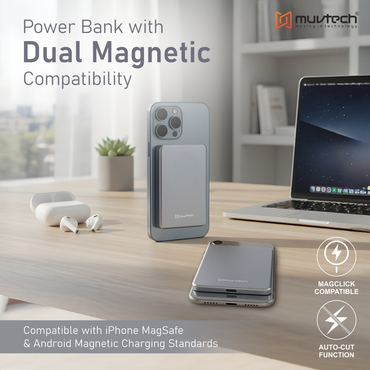 AEROSLIM 5000mAh Ultra-Slim Magnetic Wireless Power Bank | 15W MagSafe Compatible | PD 35W USB-C Fast Charging | Flight Friendly | Pocket-Sized | Type-C In/Out (Grey)