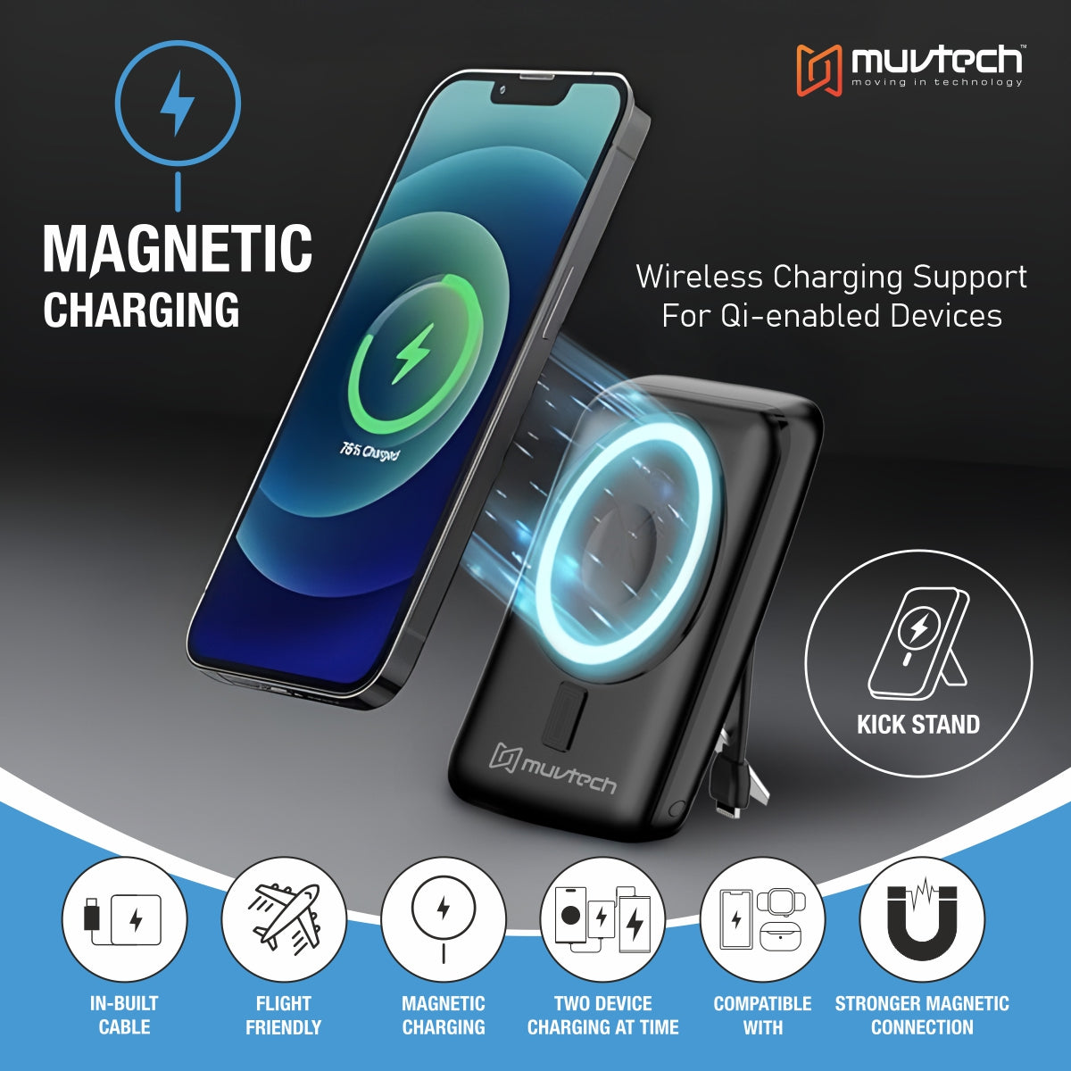 Pocket Link 10000mAh Power Bank with 15W Wireless Charging, Built-in Type-C & Lightning Cable, PD20W Fast Charging, Compact Pocket-Size Portable Charger - Black