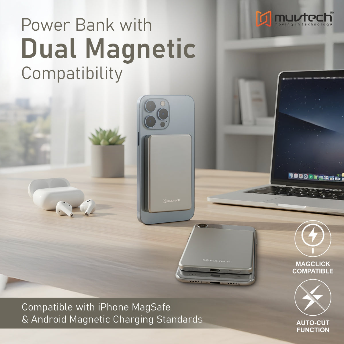 AEROSLIM 5000mAh Ultra-Slim Magnetic Wireless Power Bank | 15W MagSafe Compatible | PD 35W USB-C Fast Charging | Flight Friendly | Pocket-Sized | Type-C In/Out (Titanium)