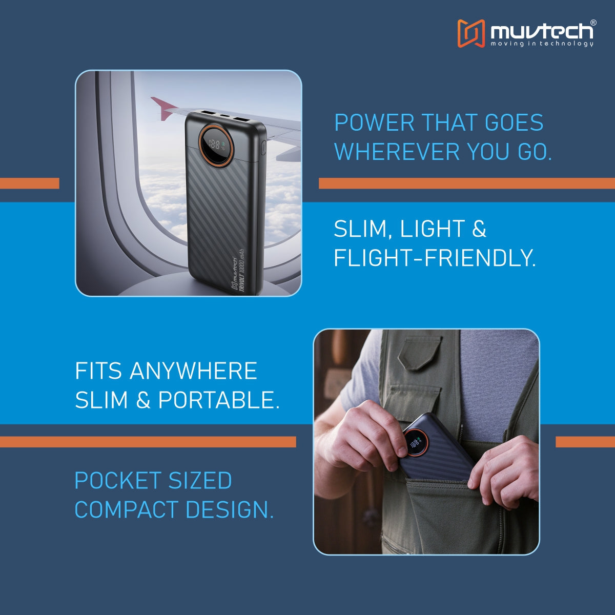 Muvtech TriVolt 10000mAh Power Bank With built-in Cables.