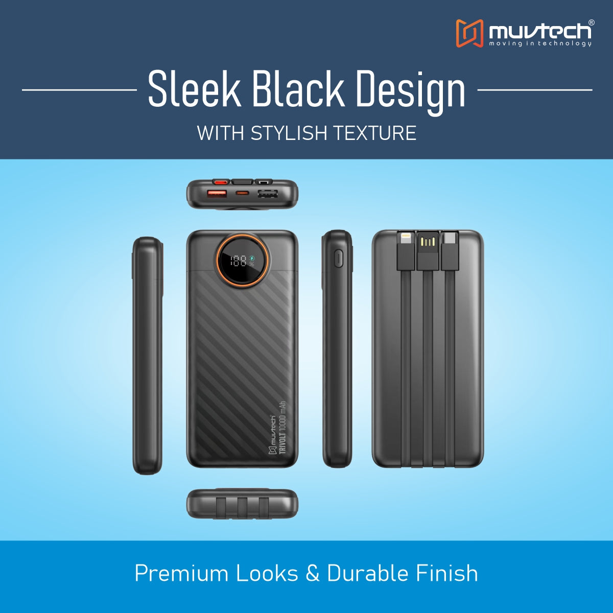 Muvtech TriVolt 10000mAh Power Bank With built-in Cables.