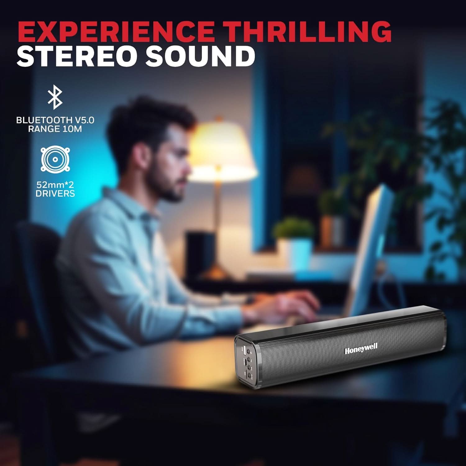 Honeywell Moxie V1000 10W 2.0 Channel V5.0 Wireless Bluetooth Soundbar