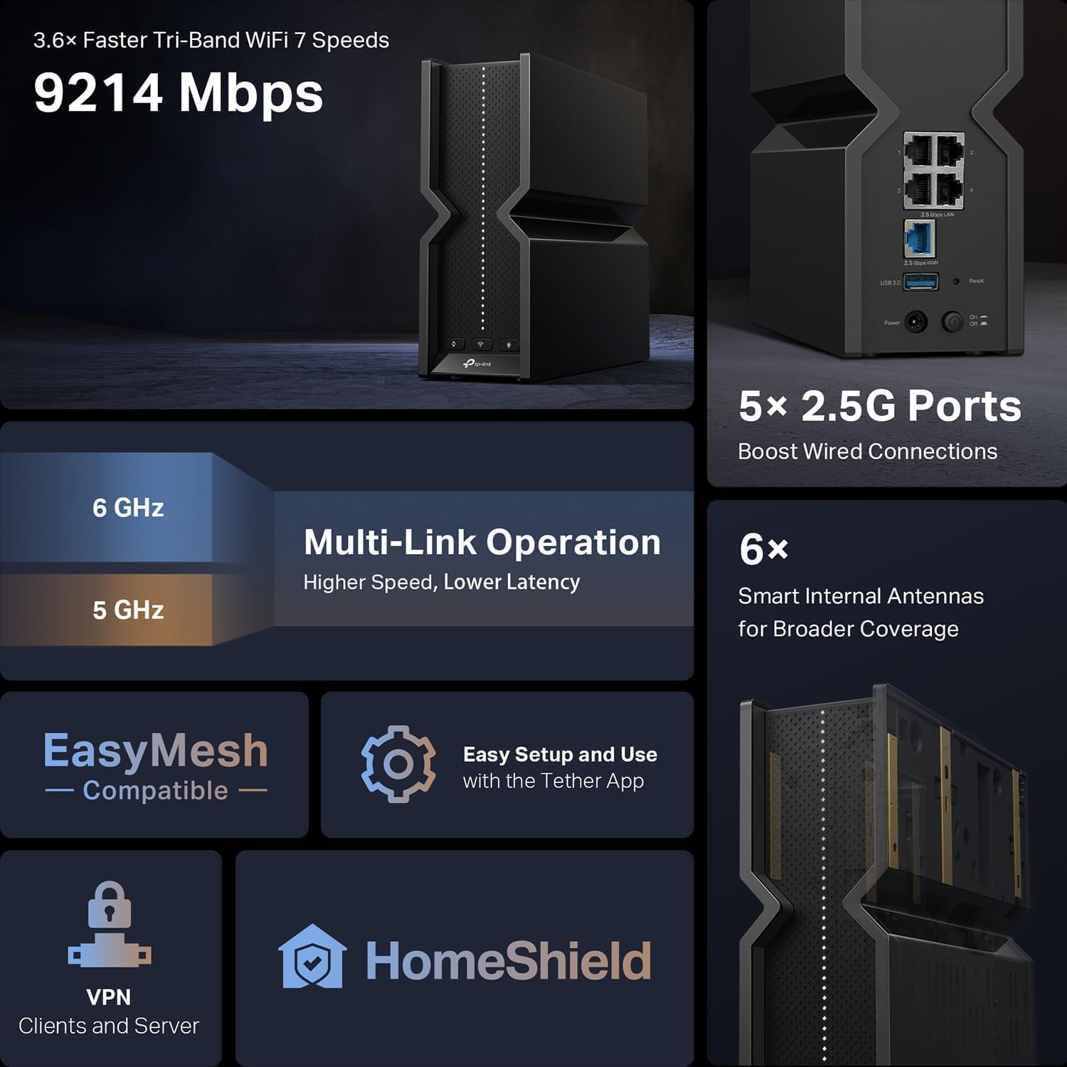 TP-Link Archer BE550 BE9300 Tri-Band Whole Home EasyMesh Wi-Fi 7 Router