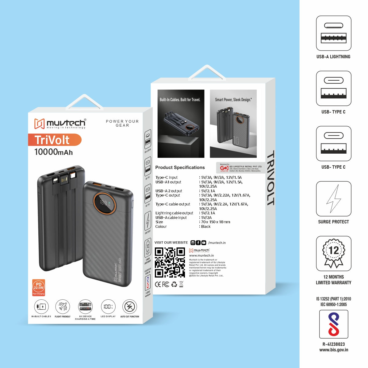 Muvtech TriVolt 10000mAh Power Bank With built-in Cables.