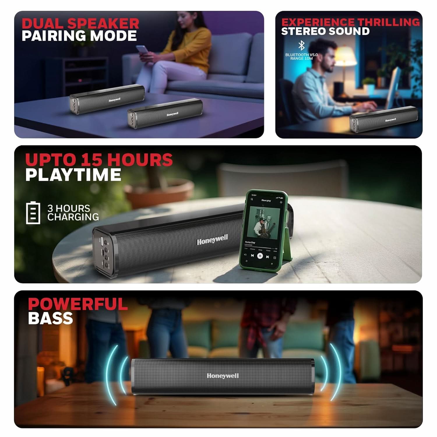 Honeywell Moxie V1000 10W 2.0 Channel V5.0 Wireless Bluetooth Soundbar