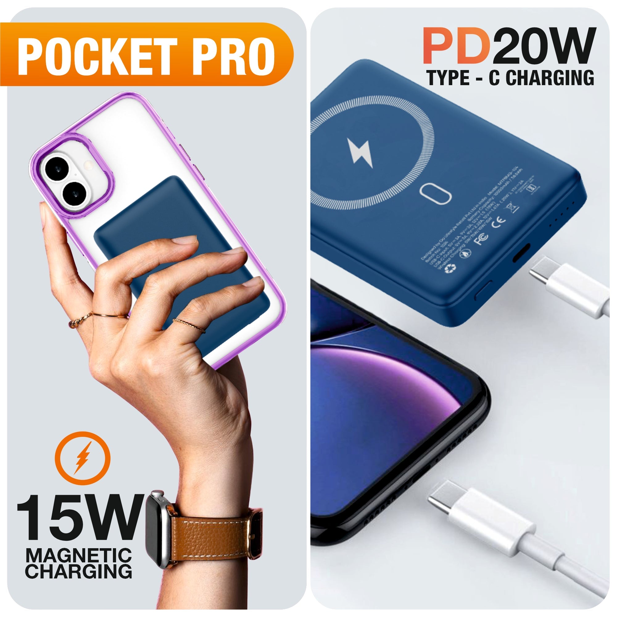 Pocket Pro 10000mAh Power Bank | 15W Mag-Safe Wireless Charging | 20W Wired Fast Charging | Compatible with iPhone, Samsung, Android, and Wireless Devices