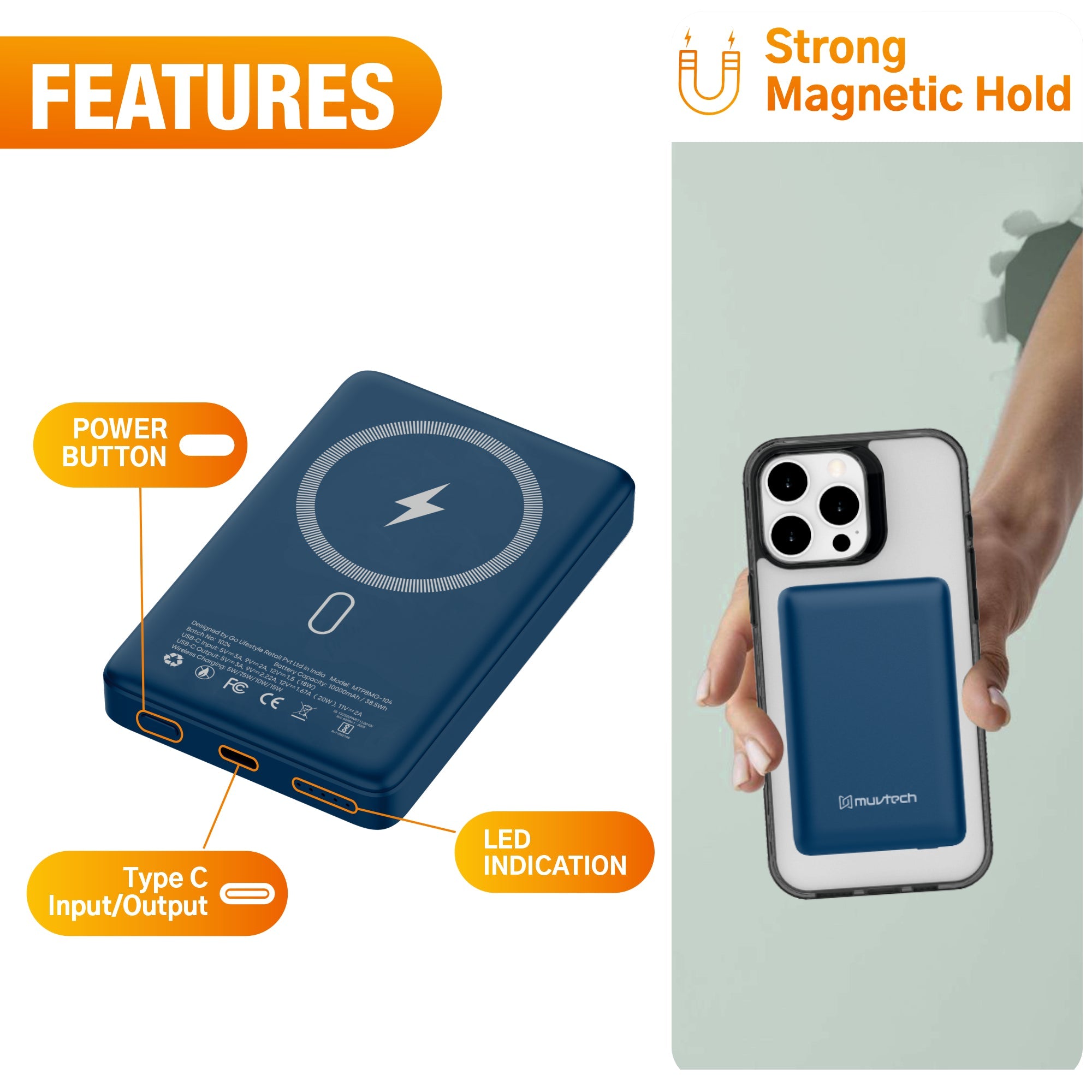 Pocket Pro 10000mAh Power Bank | 15W Mag-Safe Wireless Charging | 20W Wired Fast Charging | Compatible with iPhone, Samsung, Android, and Wireless Devices