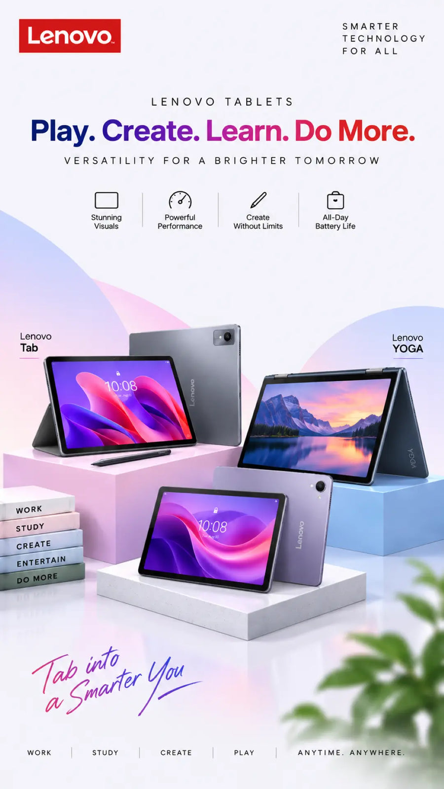 A Lenovo promotional infographic for the Tab Series smart tablets, featuring a large tablet on a desk, feature callouts, icons, and Lenovo branding on a white background.