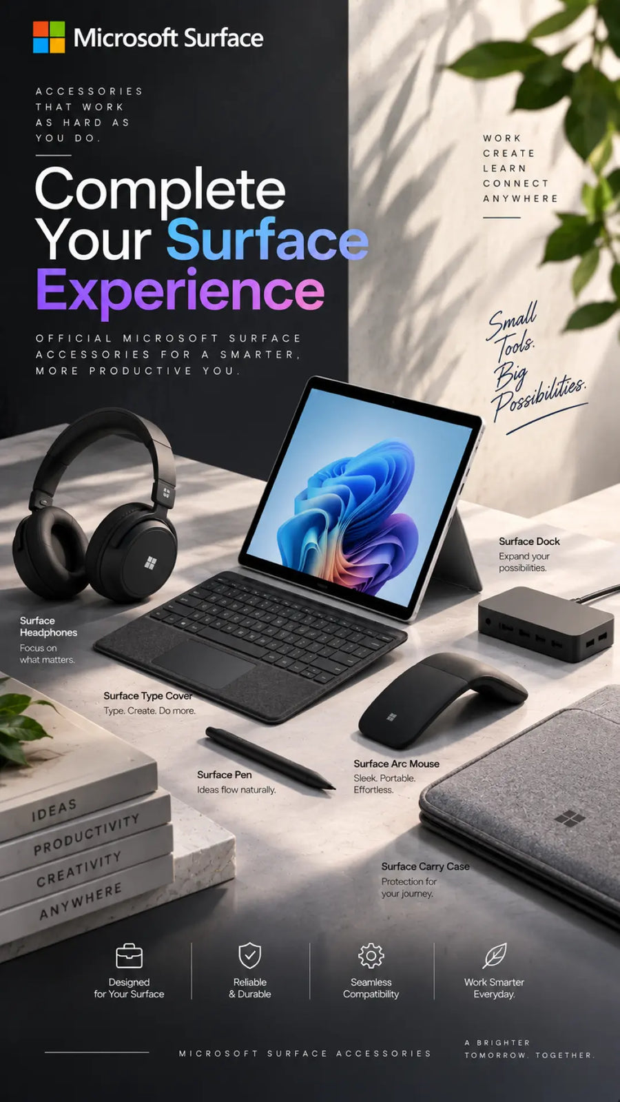 Microsoft Surface accessories promotional graphic showing a tablet with keyboard, over-ear headphones, mouse, pen, and other tech accessories arranged on a desk in a styled interior scene.