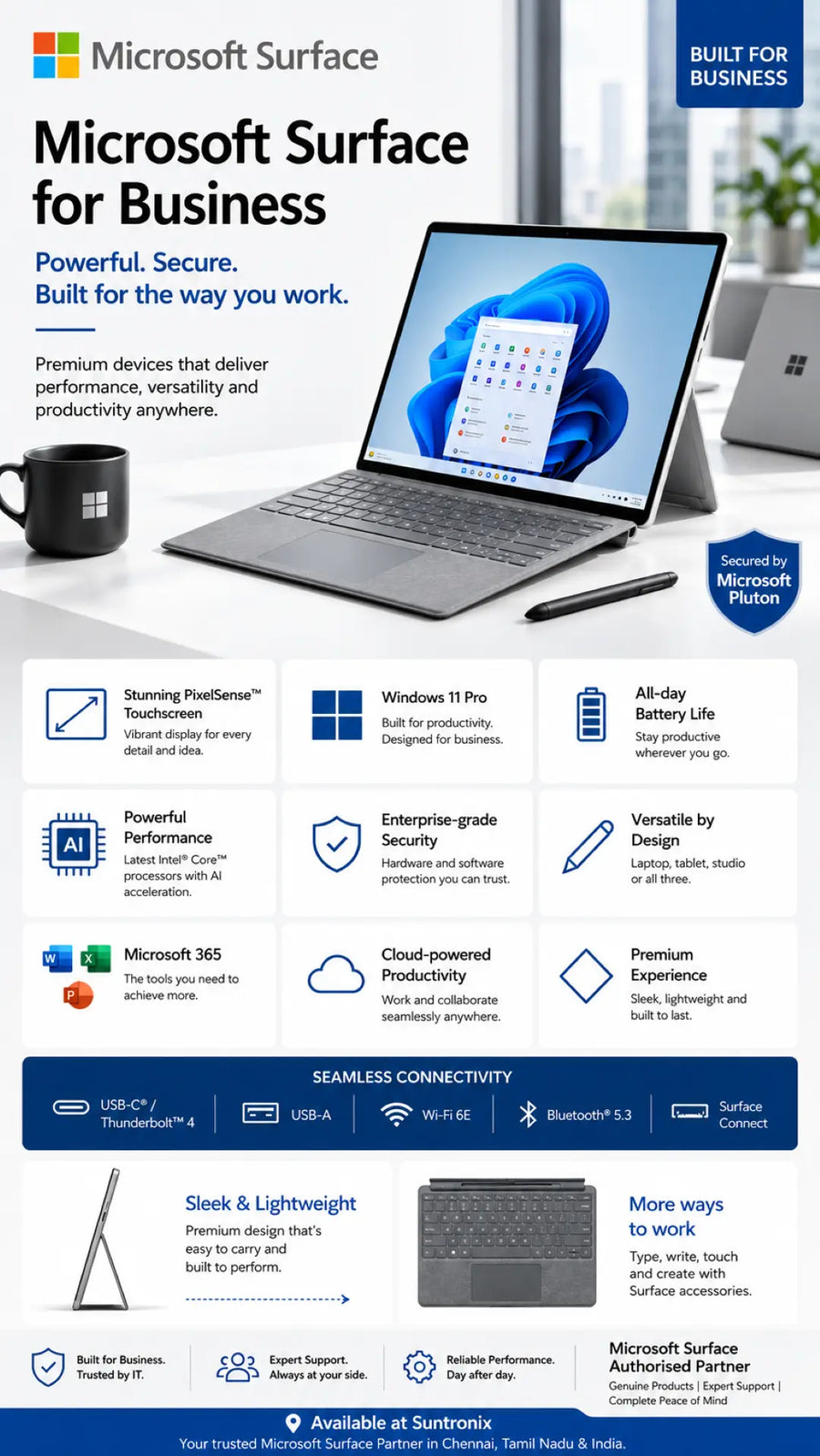 A promotional business brochure for the Microsoft Surface, featuring a laptop, stylus, and various feature callouts on a white and blue background.