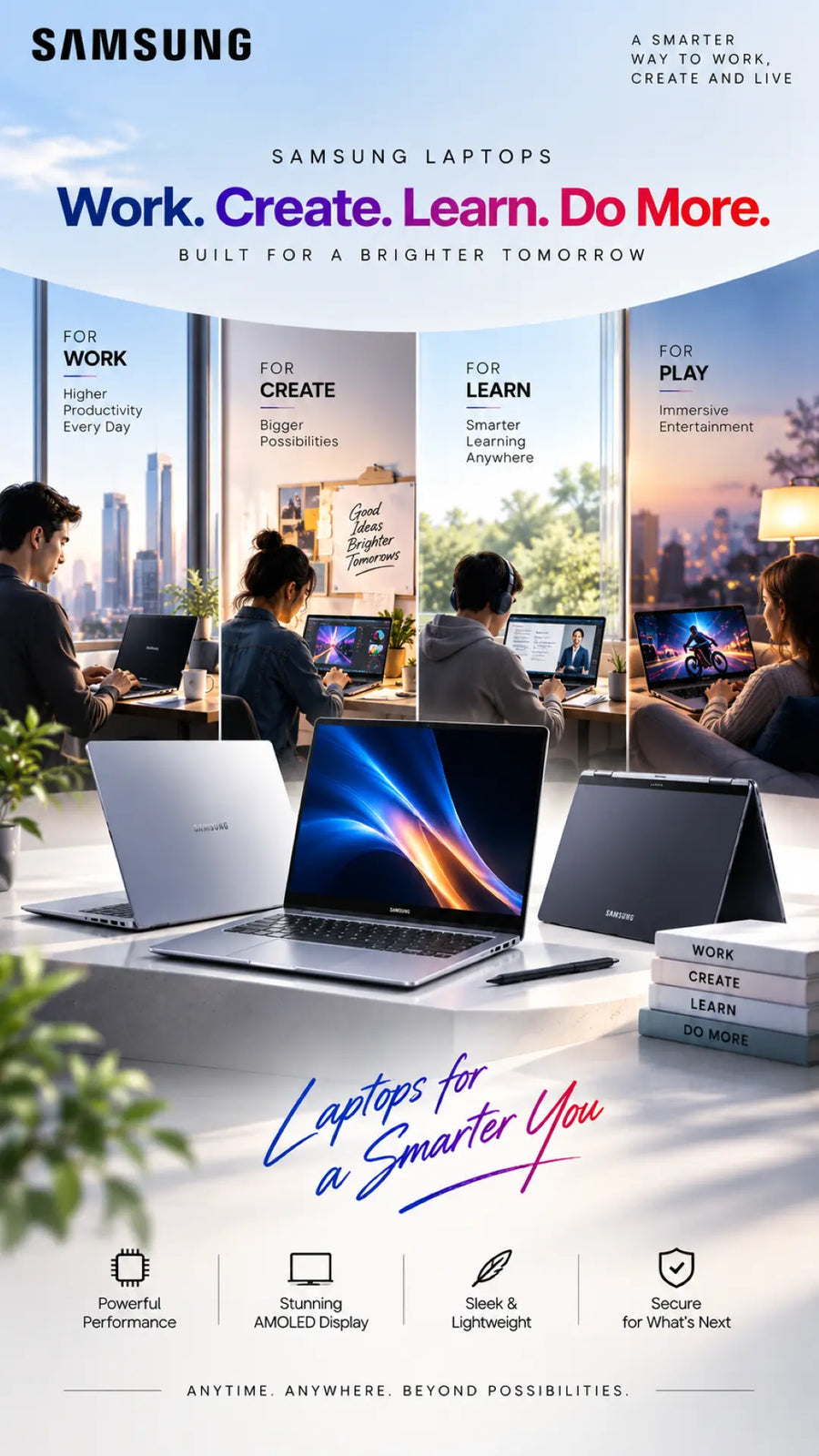 Samsung Galaxy Book Business laptop in a blue and orange gradient finish, shown open on a desk with a mug, notebook, and plant. The image is a promotional infographic for the Samsung Galaxy Book Business laptop, featuring specifications, icons, and branding.