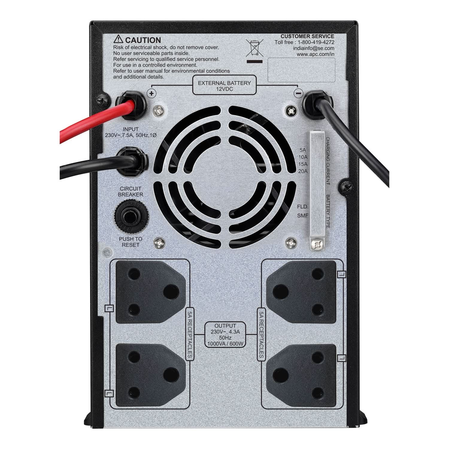 APC Back-UPS BX1000UXI 1000VA/600W | 230V | 4 India 3-pin 6A Outlets Outlets | Automatic Voltage Regulation | LED status display | Without Battery with Selectable Charger | Sealed Maintenance-Free & Tubular Compatible | User Replacable Battery