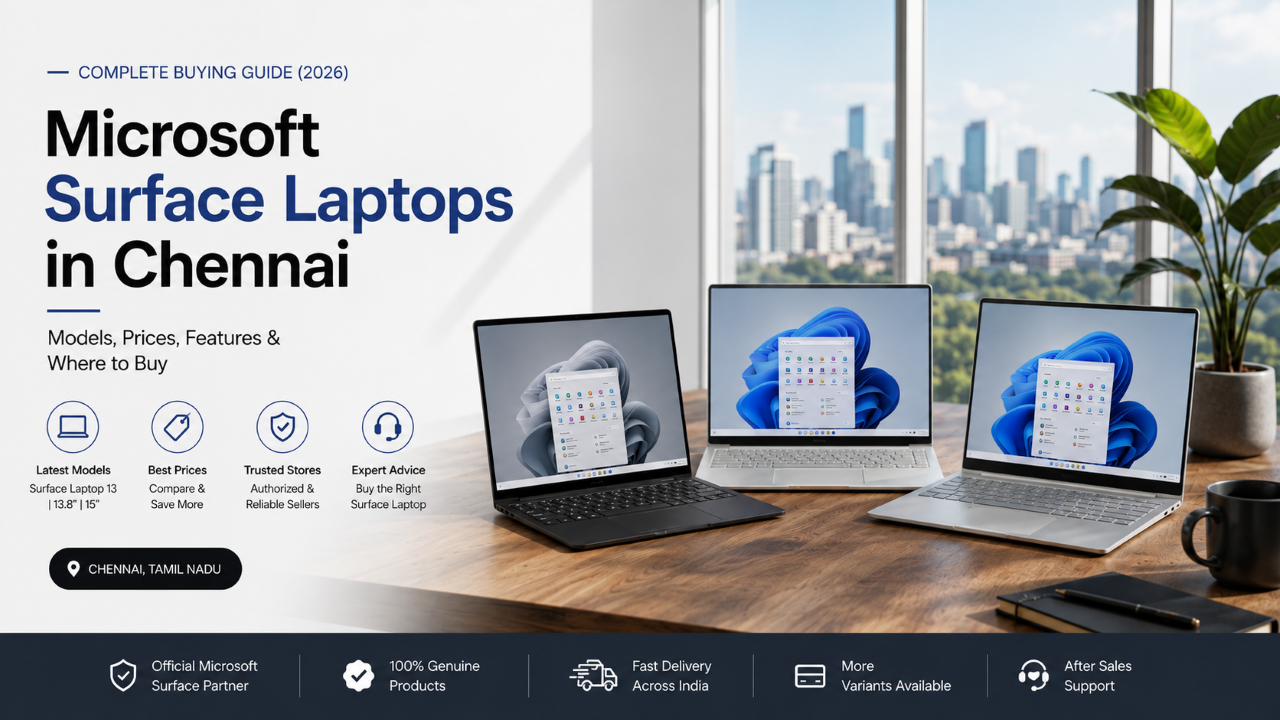 Microsoft Surface Laptops in Chennai – Complete Buying Guide 2026 featuring Surface Laptop 13, 13.8, and 15 models.