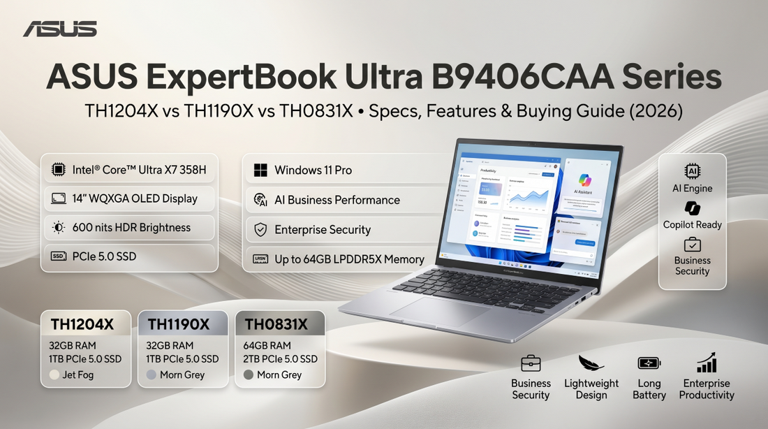 ASUS ExpertBook Ultra B9406CAA Series featuring TH1204X, TH1190X, and TH0831X with Intel Core Ultra X7 358H processor, 14-inch WQXGA OLED display, Windows 11 Pro, and AI-powered business performance.
