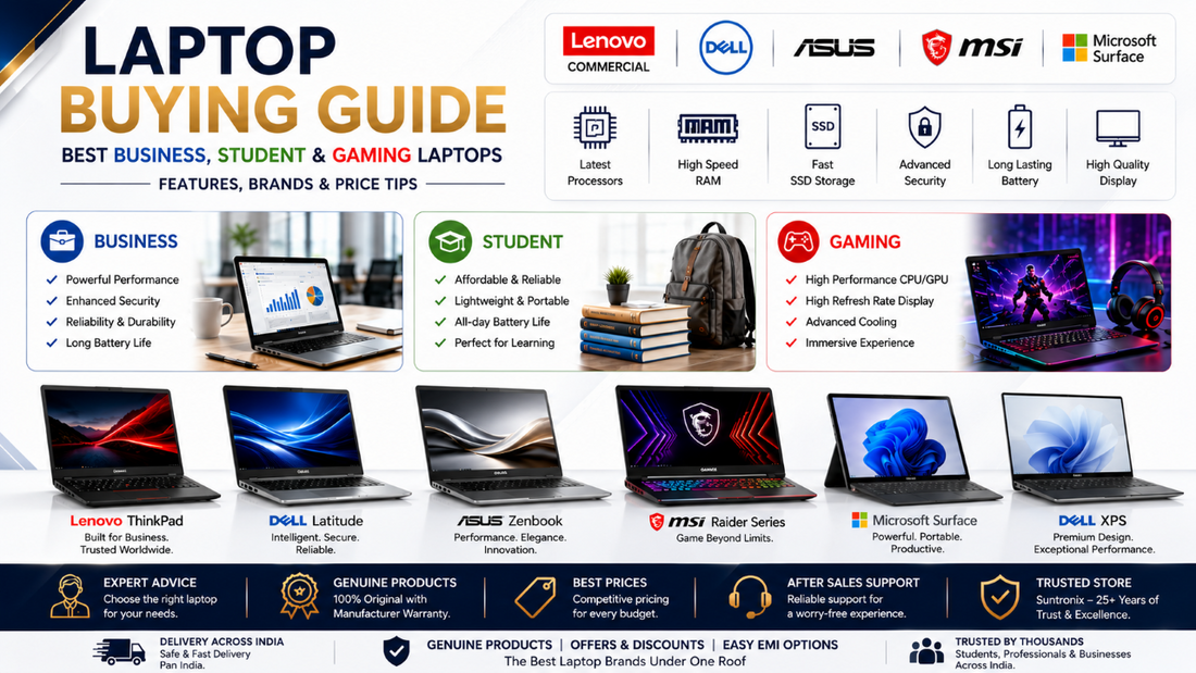 Laptop Buying Guide featuring Lenovo Commercial, Dell, ASUS, MSI, and Microsoft Surface Business, Student, and Gaming Laptops in Chennai with delivery across Tamil Nadu and India.