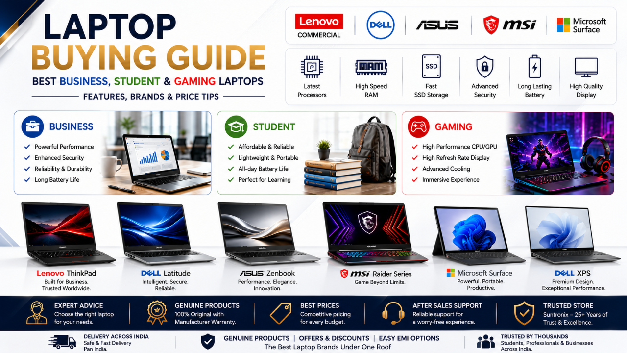Laptop Buying Guide featuring Lenovo Commercial, Dell, ASUS, MSI, and Microsoft Surface Business, Student, and Gaming Laptops in Chennai with delivery across Tamil Nadu and India.