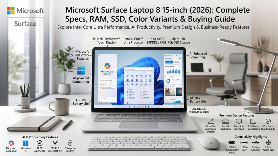 Microsoft Surface Laptop 8 15-inch (2026) available from Suntronix, trusted Microsoft Surface dealer in Chennai, Tamil Nadu, featuring Intel Core Ultra processors and AI-powered productivity.