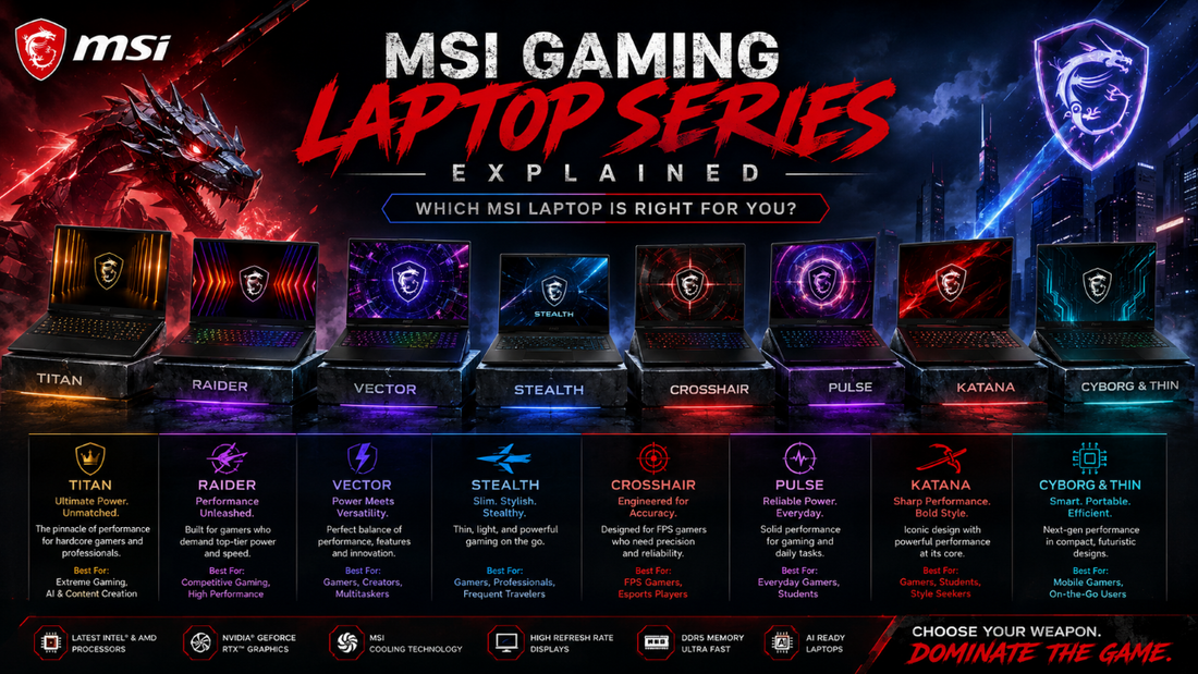 MSI Gaming Laptop Series Explained – Compare MSI Titan, Raider, Vector, Stealth, Crosshair, Pulse, Katana, Cyborg, and Thin Gaming Laptops | MSI Partner & Dealer in Chennai