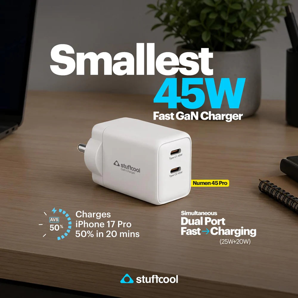 Stuffcool 45W fast GaN charger on a desk with text highlighting features