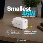 A white Stuffcool 45W fast GaN charger placed on a wooden desk, with promotional text highlighting its compact size and fast charging support for Samsung and Super Fast Charging 2.0.