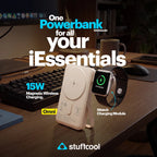 A white Omni wireless charging stand holding a white MagSafe-style charging case, with an Apple Watch shown beside it displaying 75% charging. The scene is set on a wooden desk with a keyboard, monitor, and mug in the background, with large promotional text reading 'One Powerbank for all your iEssentials' and the Stuffcool logo at the bottom.