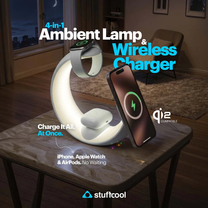 4-in-1 Ambient Lamp & Wireless Charger on a table with smartphone, Apple Watch, and AirPods.