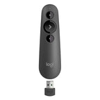 Logi remote control transmitter in dark gray with a matching USB receiver below, shown on a plain white background.