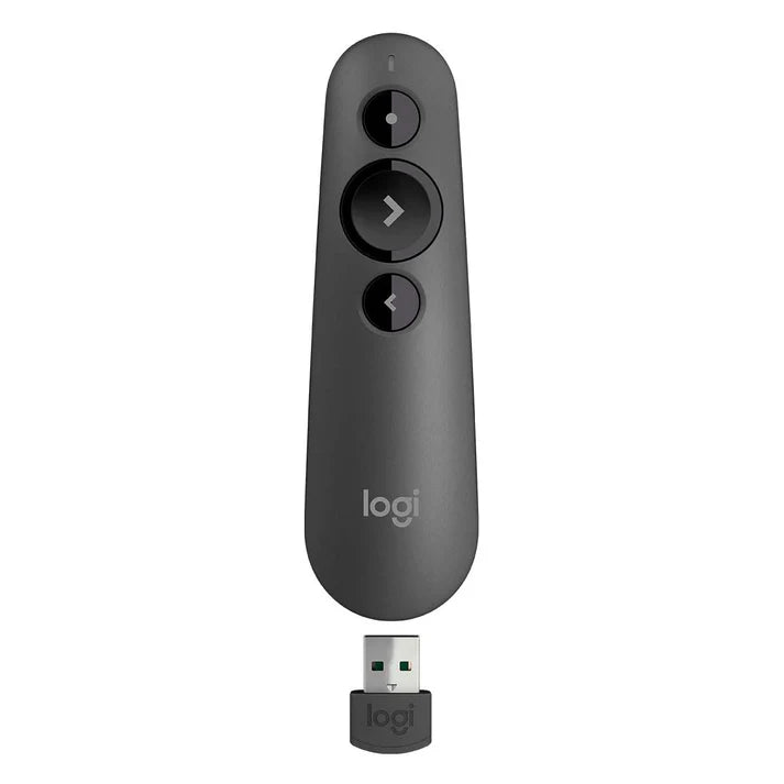 Logi remote control transmitter in dark gray with a matching USB receiver below, shown on a plain white background.