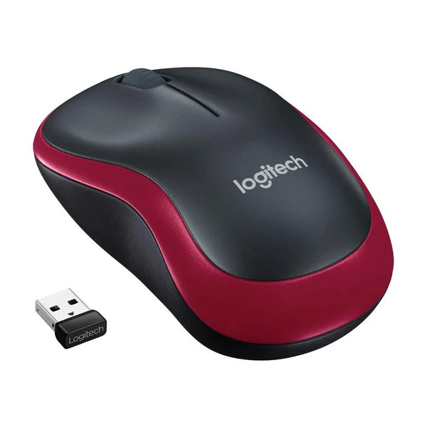 Black and red Logitech wireless mouse with USB receiver on a white background