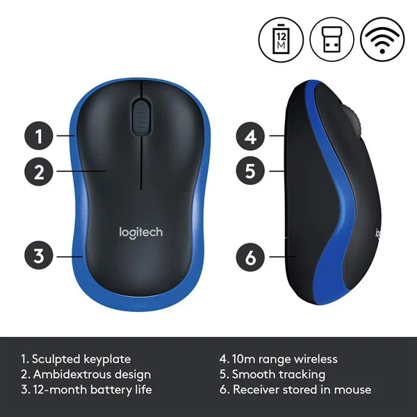 Logitech wireless mouse with features labeled on a white background