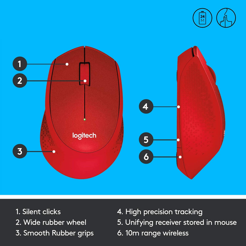 Logitech M331 Silent Plus 1000DPI 2.4GHz Optical Wireless Mouse - Red