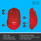 Logitech M331 Silent Plus 1000DPI 2.4GHz Optical Wireless Mouse - Red