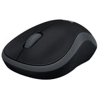 A black and dark gray wireless computer mouse on a solid white background.