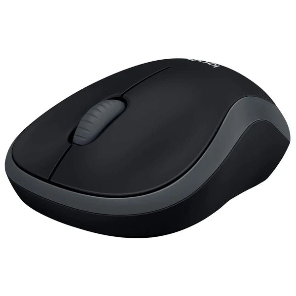 A black and dark gray wireless computer mouse on a solid white background.