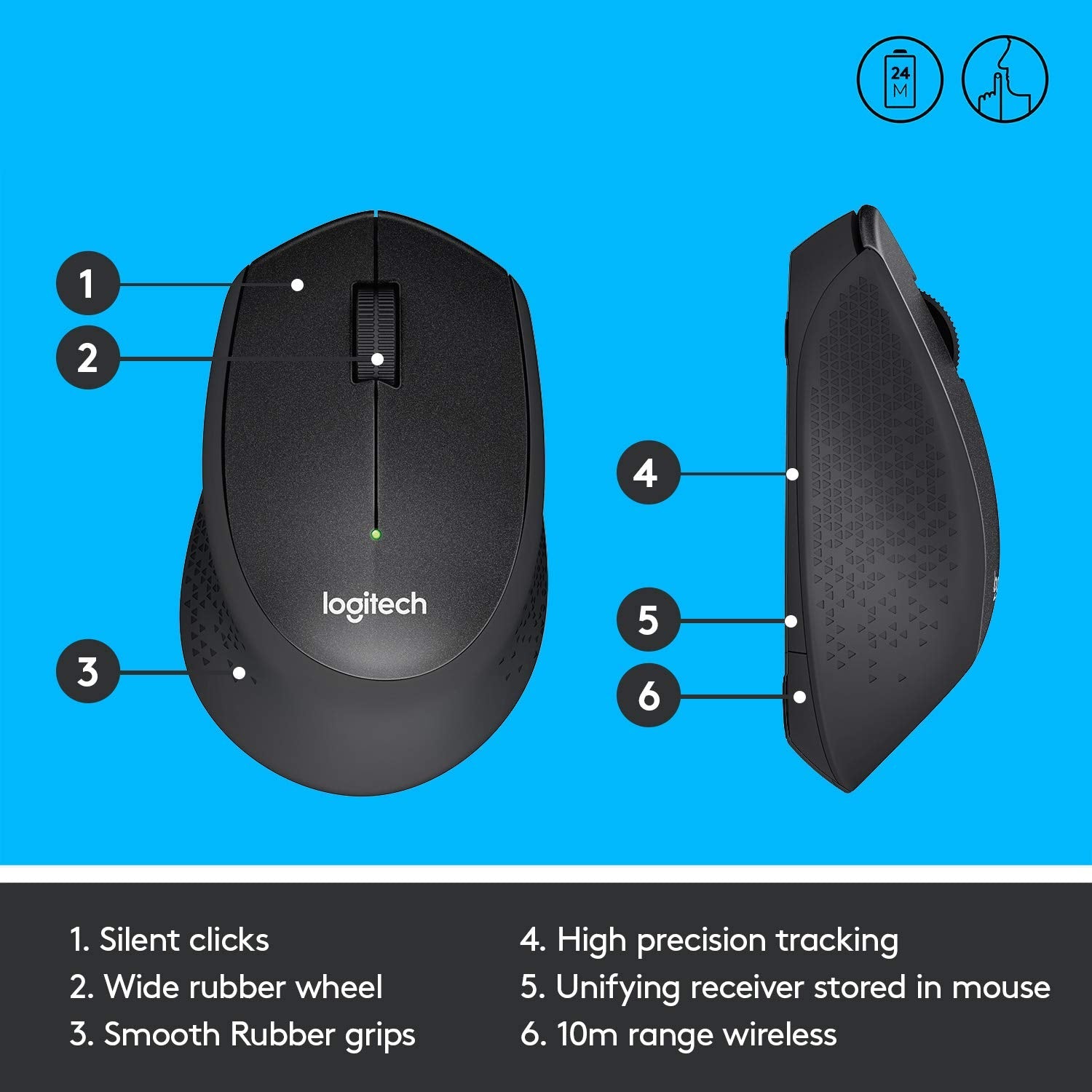 Logitech M331 Silent Plus 1000DPI 2.4GHz Optical Wireless Mouse - Black