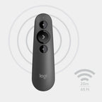 Logi handheld remote control in dark gray with three buttons, shown on a light gray background with faint concentric circles and a wireless range icon labeled 20m / 65 ft.