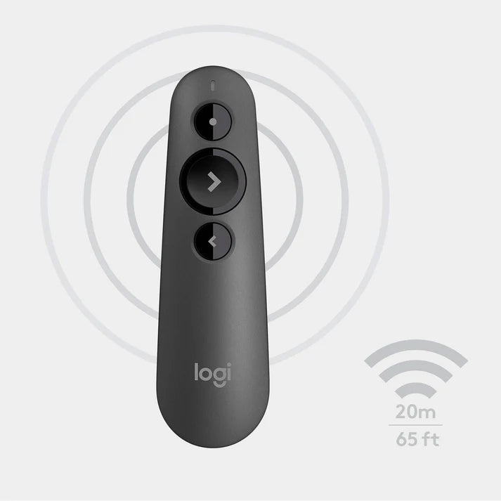 Logi handheld remote control in dark gray with three buttons, shown on a light gray background with faint concentric circles and a wireless range icon labeled 20m / 65 ft.
