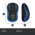 Logitech mouse with dimensions and weight details on a white background