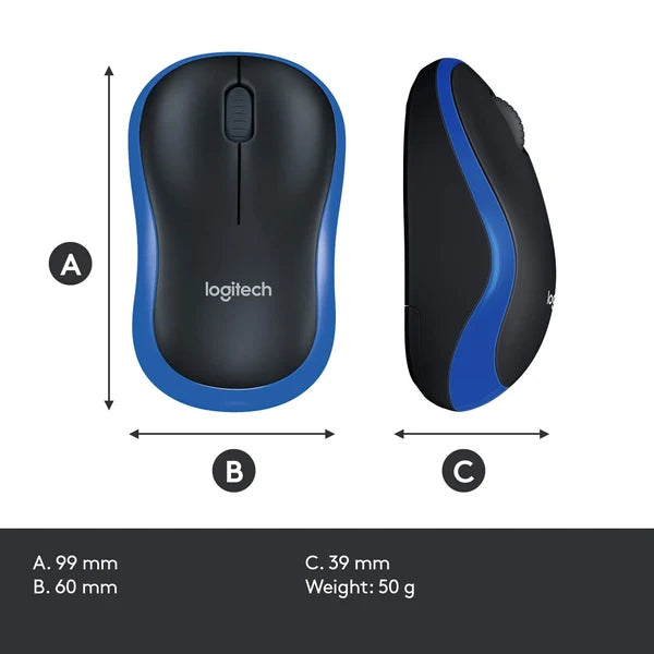 Logitech mouse with dimensions and weight details on a white background