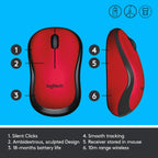 Logitech M221 1000DPI Silent 2.4GHz Wireless Optical Mouse - Red