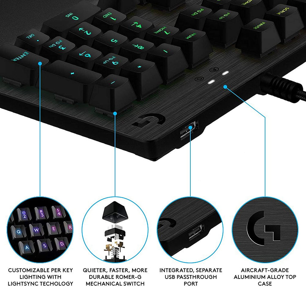 Logitech G512 Mechanical Wired Gaming Keyboard with GX Brown Tactile Switch USB Passthrough and Lightsync RGB