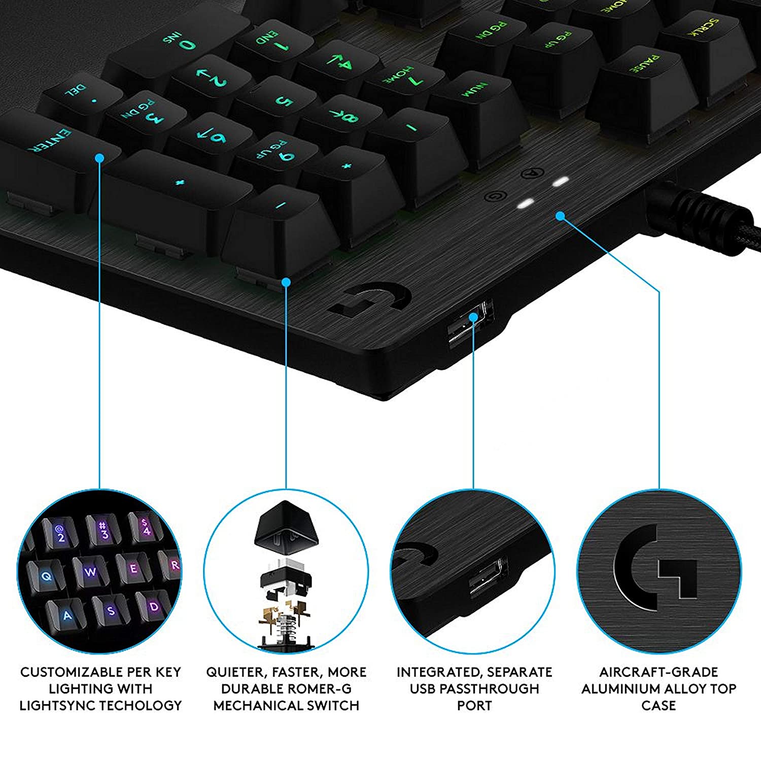 Logitech G512 Mechanical Wired Gaming Keyboard with GX Brown Tactile Switch USB Passthrough and Lightsync RGB